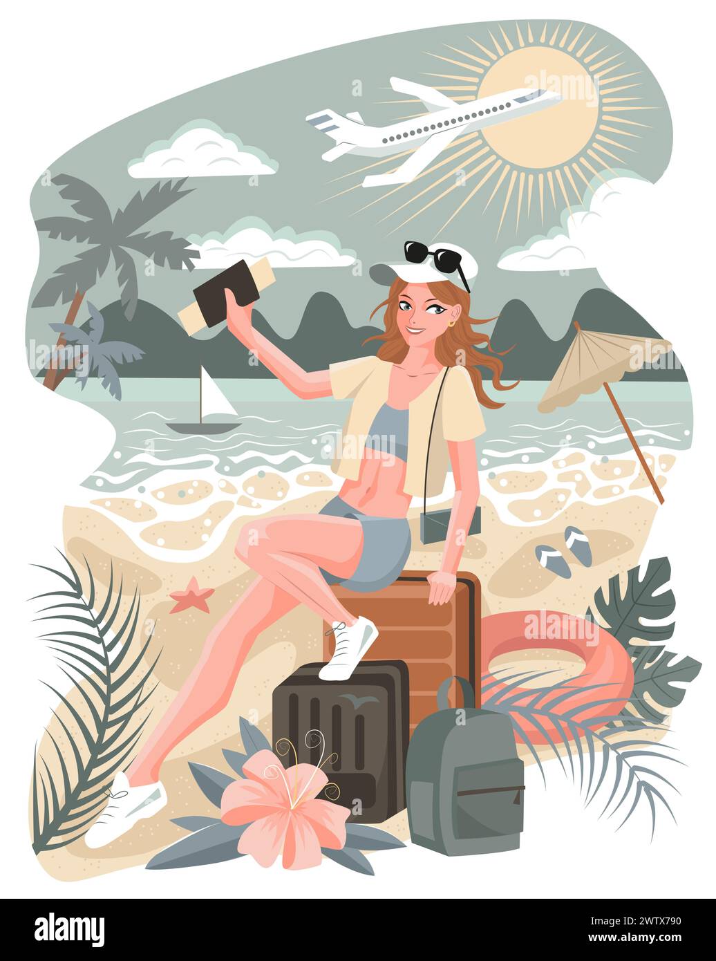 Vektor-Karikaturillustration mit junger schöner Frau mit Gepäck im Urlaub am Strand gegen Meereslandschaft. Sommer Hintergrund, Reisekonzept, Wohnung Stock Vektor
