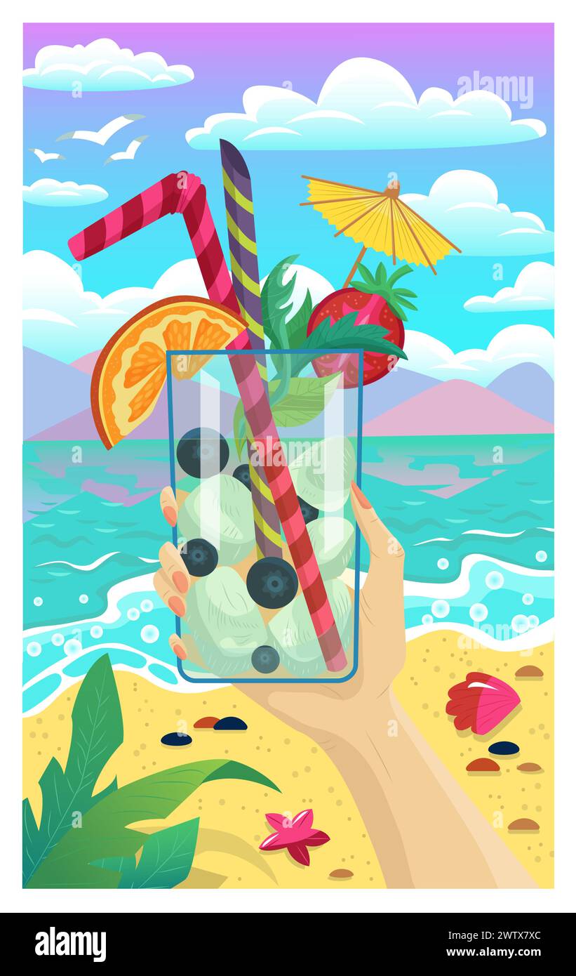 Vektor-Karikaturillustration mit einer Hand der Frau, die ein Glas Obst-Cocktail-Getränk gegen Strand und Meereslandschaft hält. Sommer-Hintergrund, flaches Design Stock Vektor