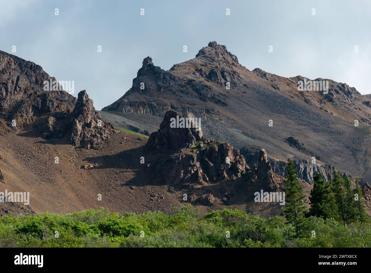 Felsen und Hügel entlang der Denali Park Road. Denali Nationalpark und Preserve. Alaska. USA. Stockfoto