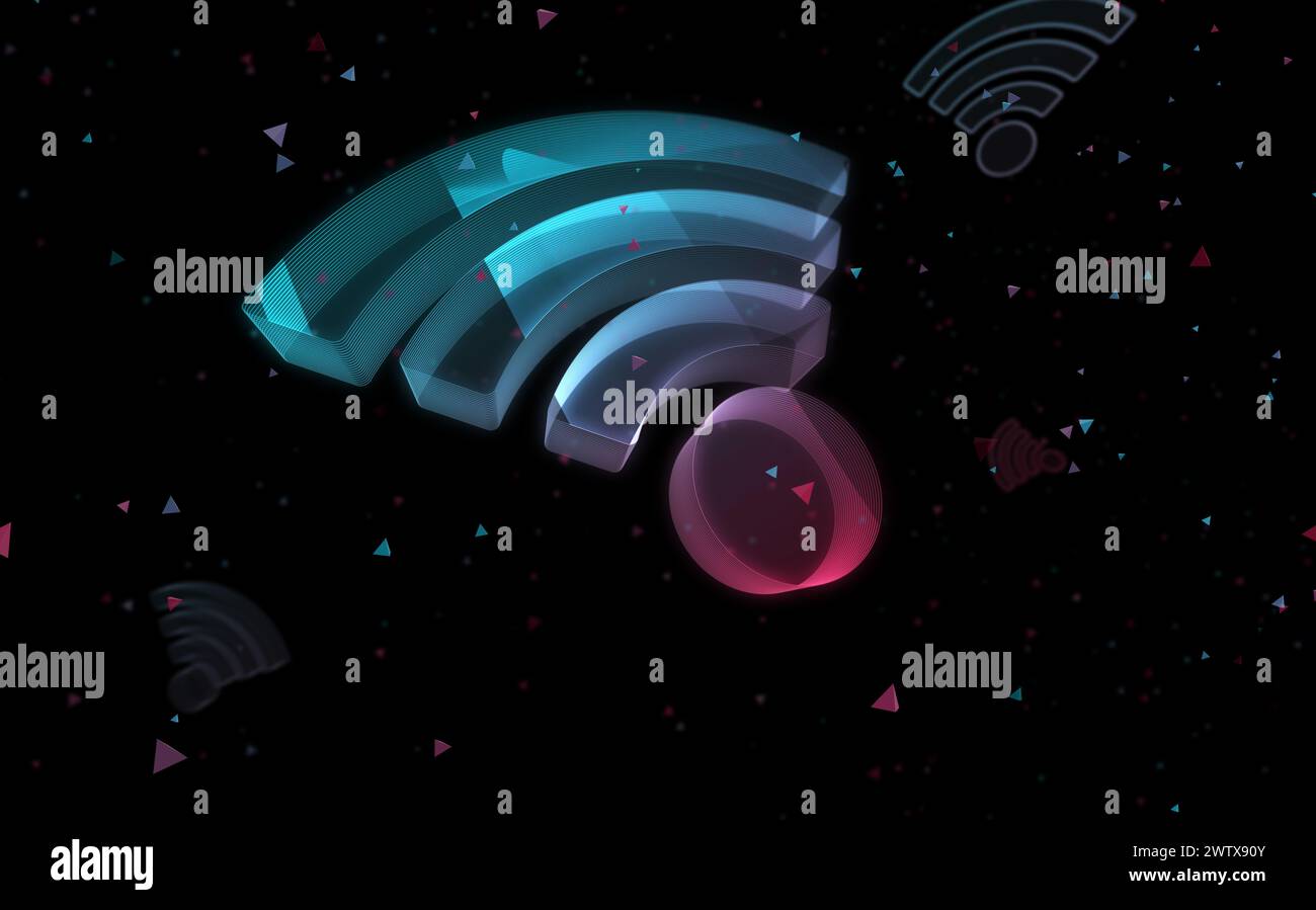 WLAN drahtlose mobile Verbindung und Internet Hotspot Symbol digitales abstraktes Konzept holografisches Glas. Cyber-Technologie und Computerhintergrund 3d ob Stockfoto