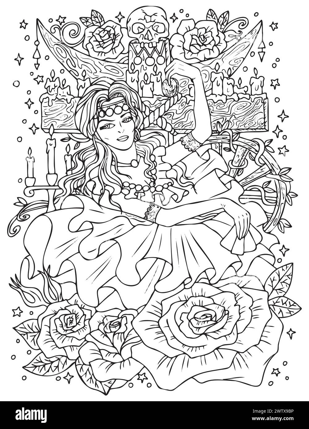 Illustration mit Fantasy-Gravur mit wunderschöner Zigeunerin als Hexe oder Magier zum Ausmalen. Handgezeichnete grafische Liniengrafik mit ethnischem Konzept als ta Stock Vektor