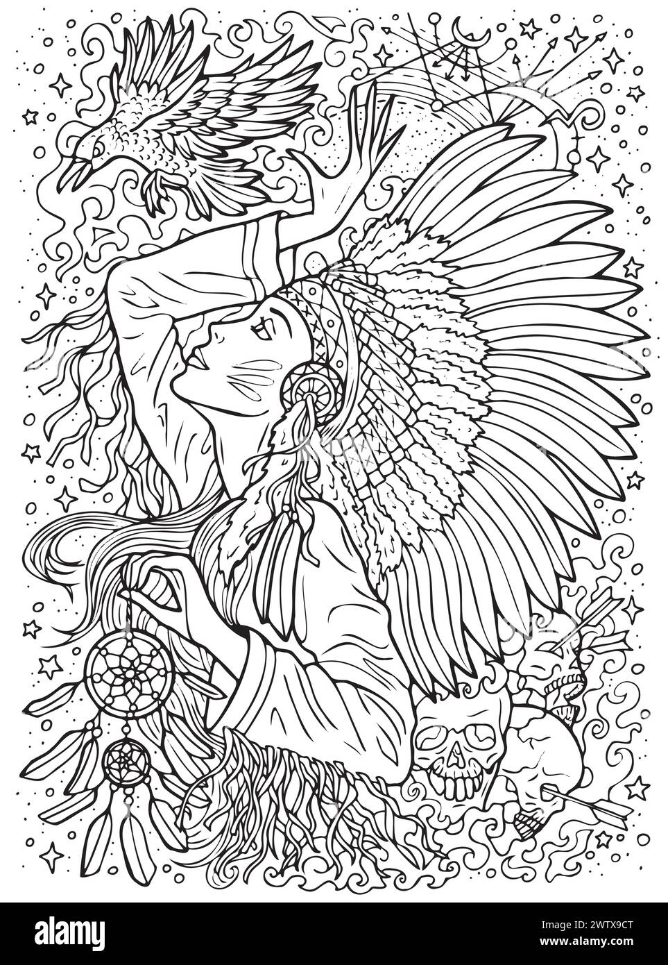 Illustration mit Fantasy-Gravur mit wunderschöner indianischer Frau als Hexe oder Magier zum Ausmalen. Handgezeichnete grafische Strichgrafik mit ethnischen Betrügern Stock Vektor