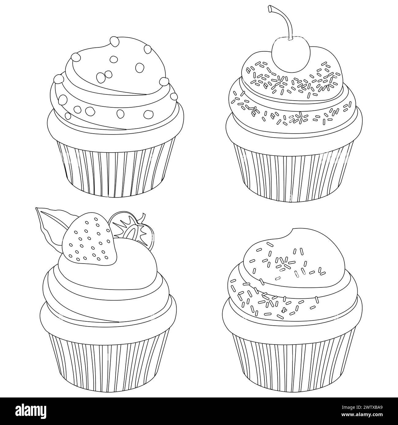 Sammlung von Cupcakes auf weißem Hintergrund. Glasierte Muffins und Kuchen mit Zucker und Streuseln. Bäckerei, Dessertset. Schwarzweiß-Ausmalseite Stockfoto