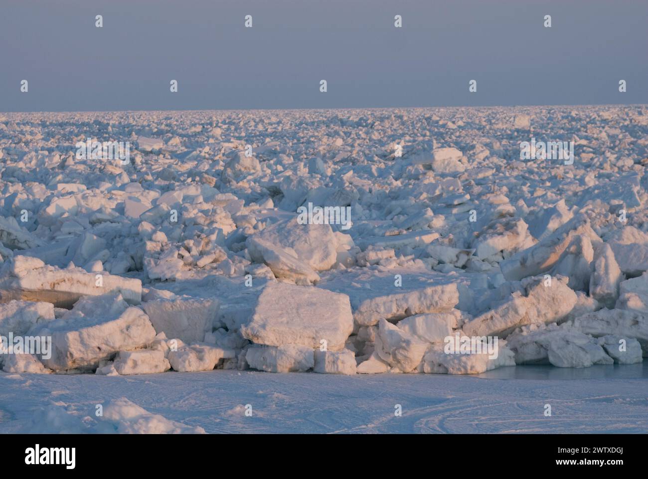 Meereslandschaft mit rauem Packeis über dem Chukchi-Meer im Frühling, vor der Küste des arktischen Dorfes Utqiagvik, arktisches Alaska Stockfoto