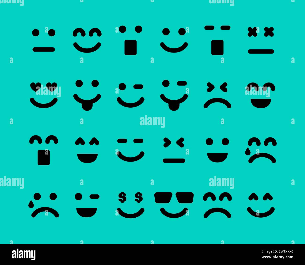 Comic-Gesichter mit Emotionen. Set aus 24 verschiedenen Emoticons. Vektorabbildung Stock Vektor