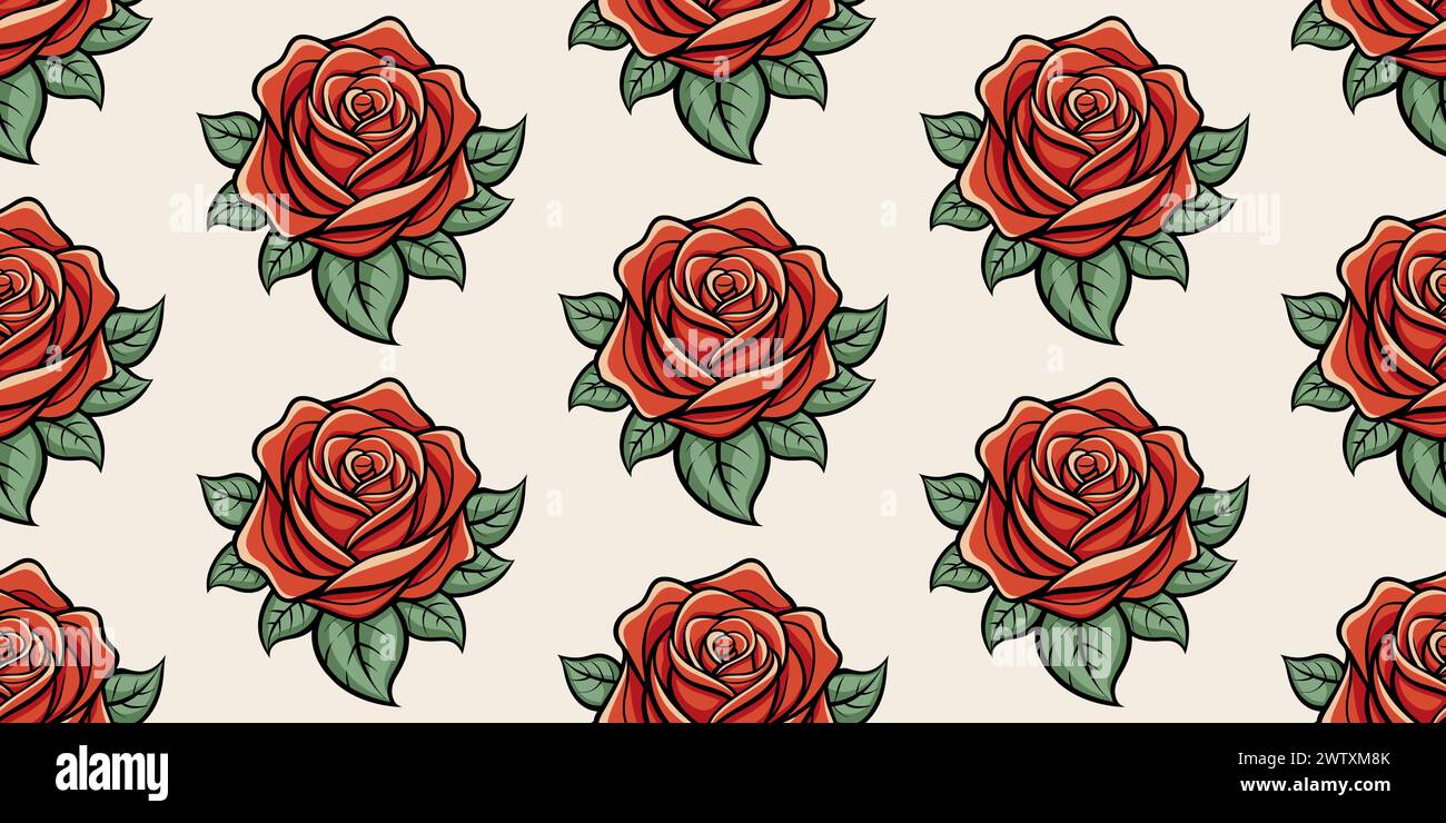 Elegantes nahtloses Muster aus stilvollen roten Rosen mit grünen Blättern auf beigefarbenem Hintergrund. Nahtloser handgezeichneter Hintergrund mit Rosenmuster. Für Textil, Wand Stock Vektor