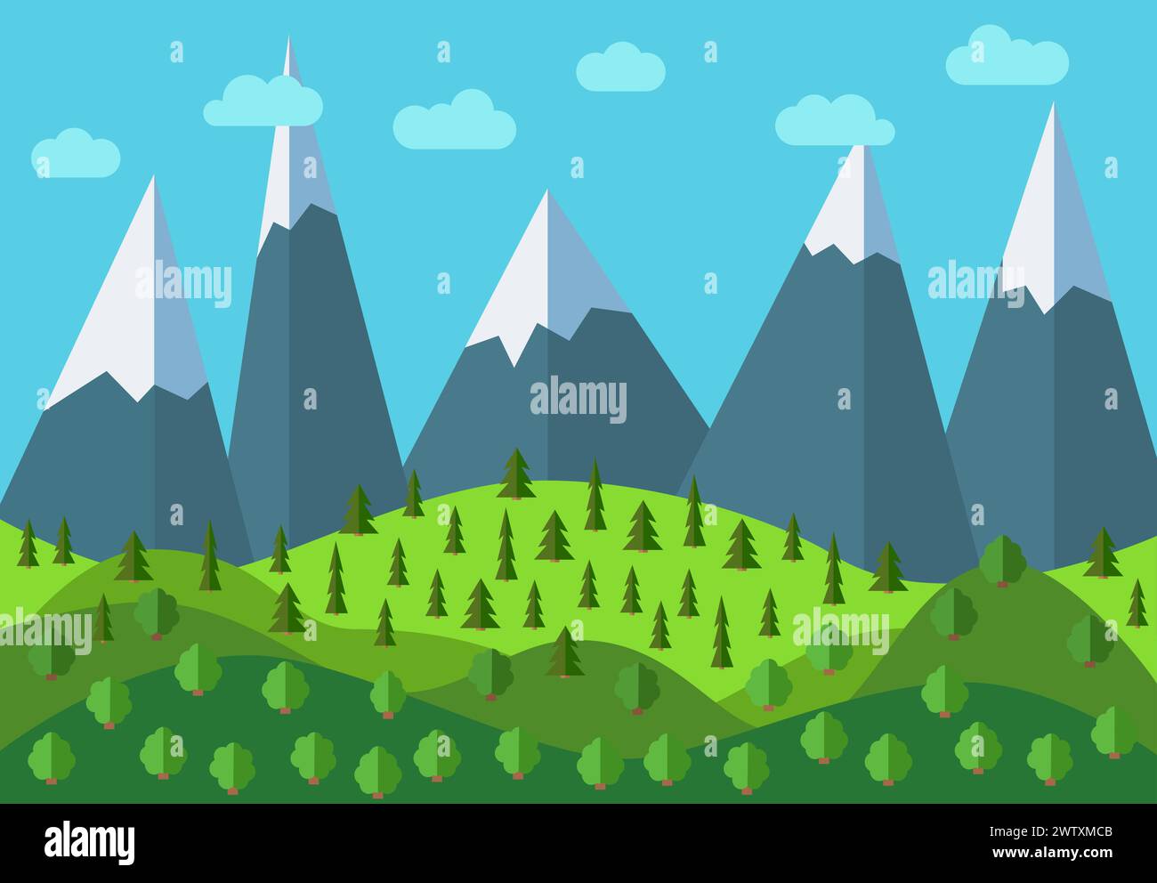 Vektor Panorama Berg Cartoon Landschaft. Natürliche Landschaft im flachen Stil mit blauem Himmel, Wolken, Bäumen, Hügeln und Bergen mit Schnee auf dem pe Stock Vektor