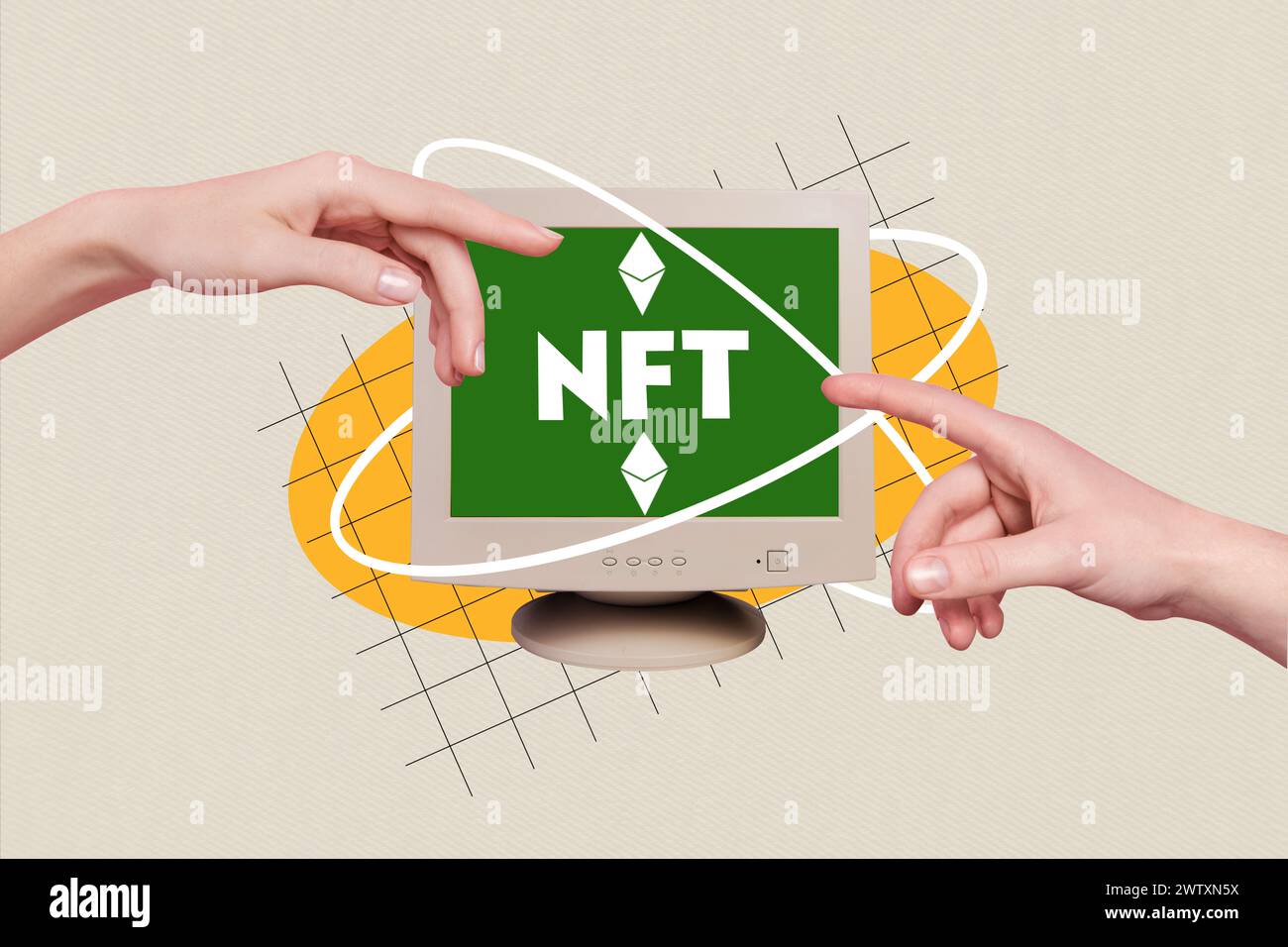 Composite Photo Collage der Hände zeigen Monitor Bildschirm Computer Bildschirmschoner nft Token Handel altmodisch isoliert auf gemalten Hintergrund Stockfoto