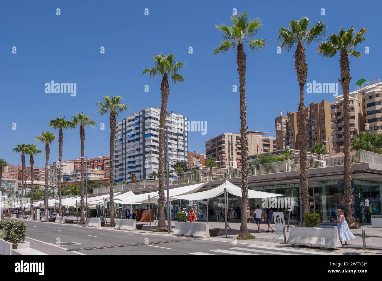 Palmen und Promenade des Piers im Hafengebiet von Malaga, Spanien Stockfoto