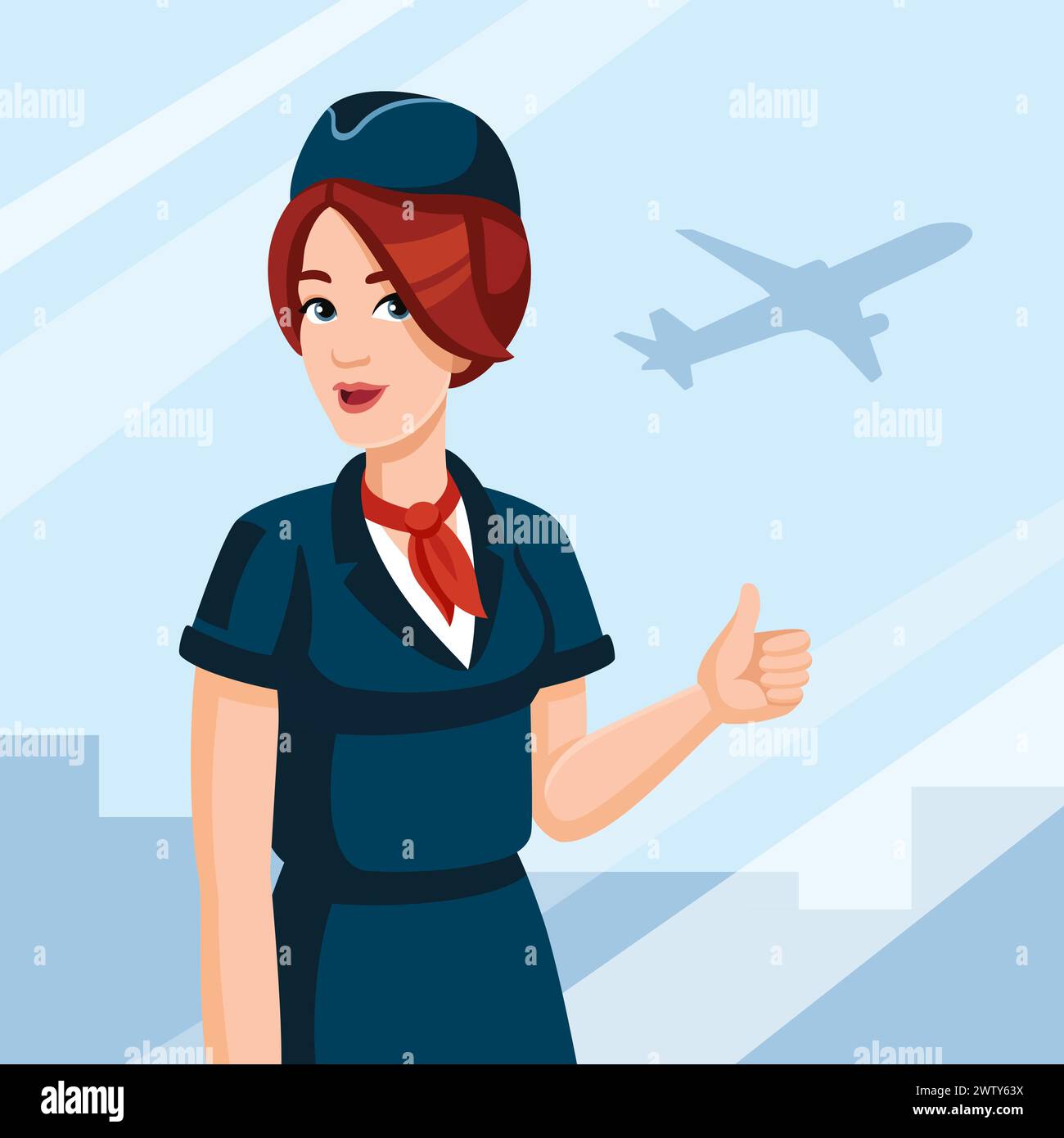 Junge Stewardess, die vor dem Flug die Daumen hoch am Flughafen zeigt. Reisekonzept, flaches Design, Cartoon-Stil. Vektorabbildung. Flugbegleiterin in Uniform der Fluggesellschaft. Stock Vektor