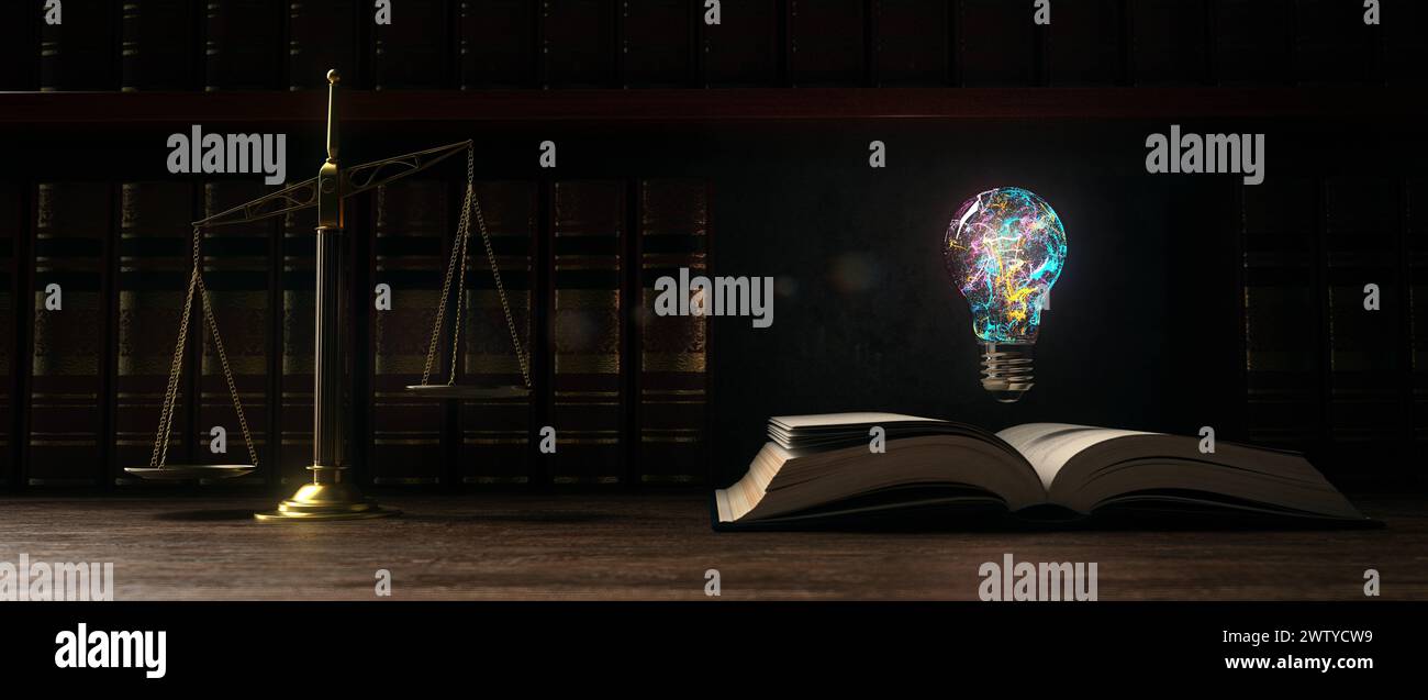 Law Studies - 3D-Illustration Balkenbalancierung mit offenem Buch mit farbiger Glühbirne und Bücherregal im Hintergrund. 3D-Abbildung. Stockfoto