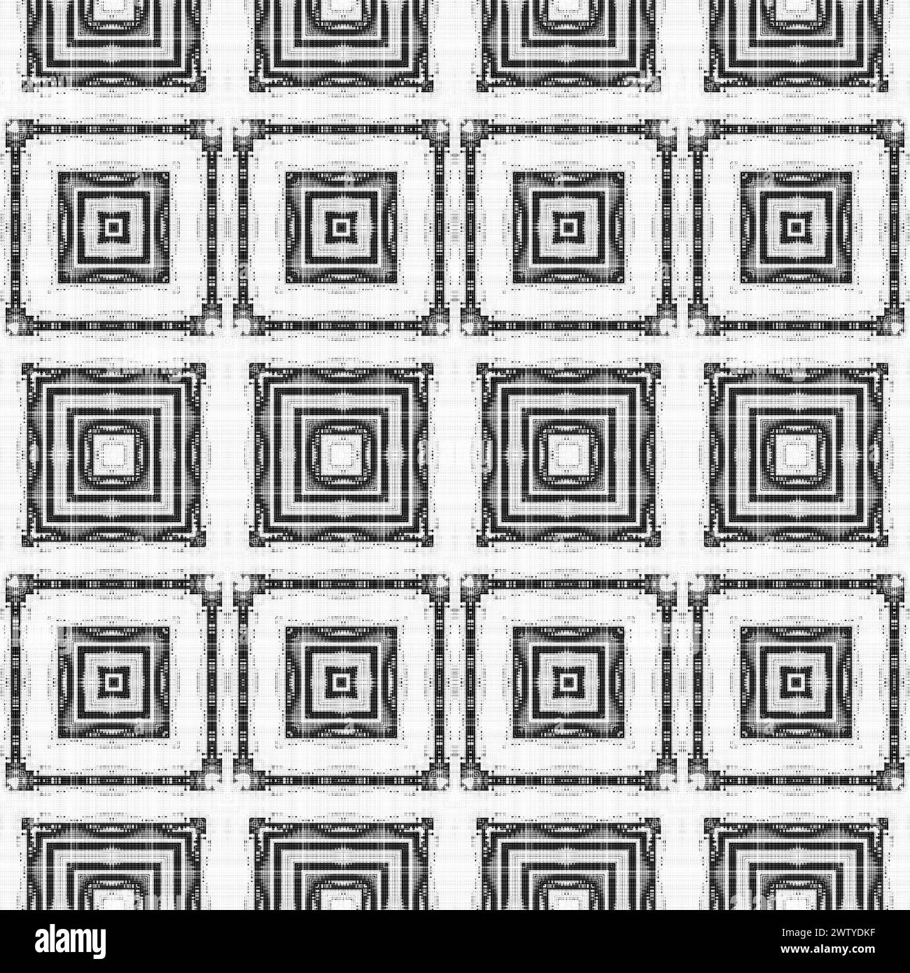 Abstraktes nahtloses schwarzes und weißes Halftone-Muster, Grunge-Stoff-Textur mit geometrischem Dekor in trendigem Luxus-Stil Stockfoto