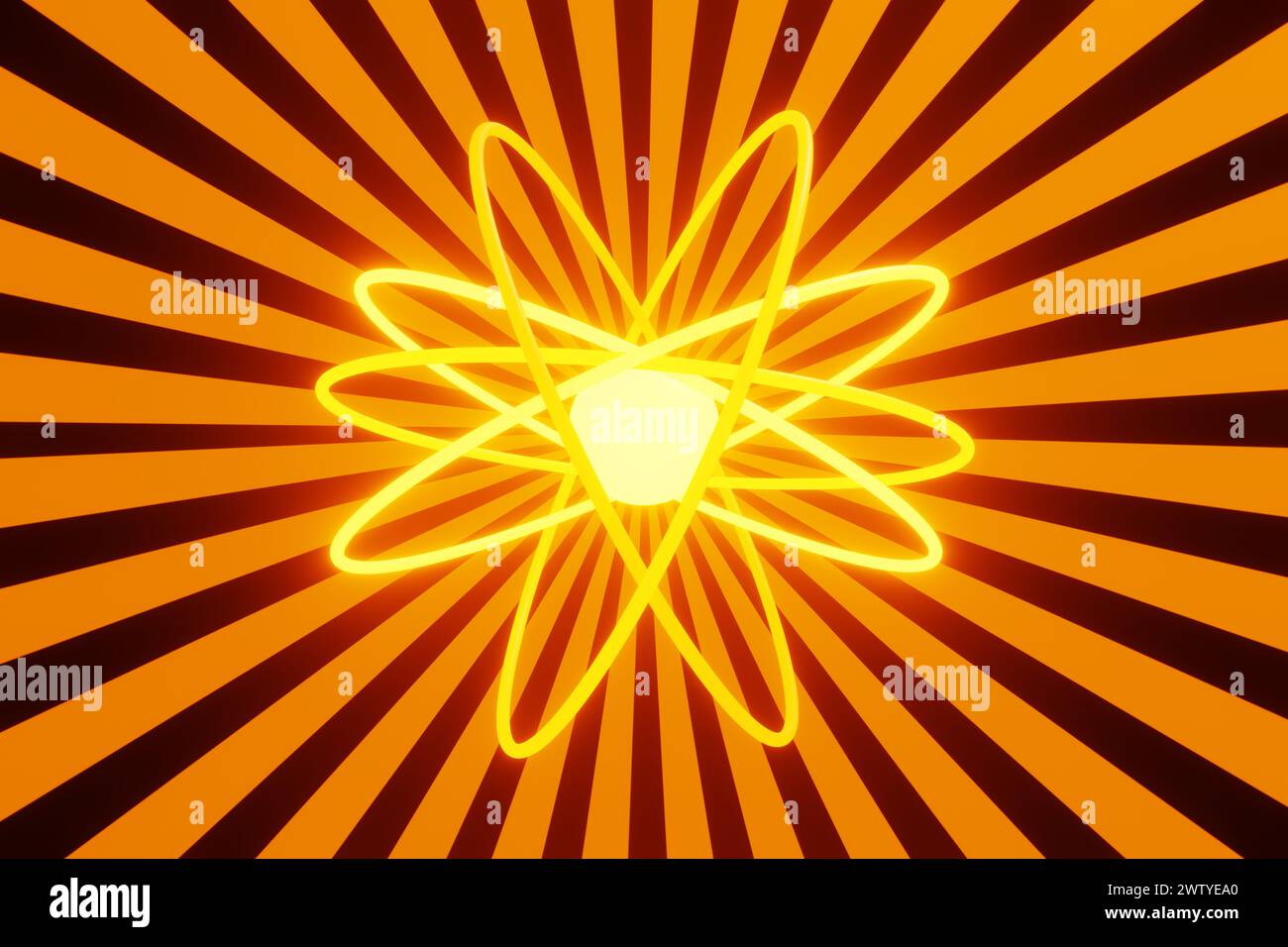Leuchtend gelbe Umlaufbahnen und ein Neutronensymbol auf orangen und schwarzen radialen Sonnenstrahllinien. Das Konzept der Quantenmechanik und Rechenleistung Stockfoto