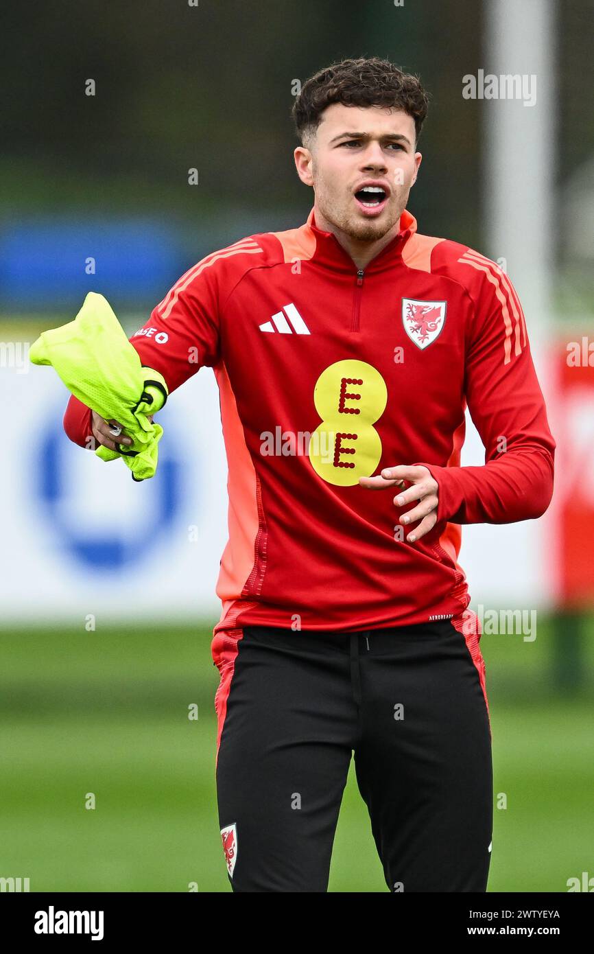 Neco Williams aus Wales während der offenen Schulung in Wales im Vale Resort Training Complex, Hensol, Großbritannien, 20. März 2024 (Foto: Craig Thomas/News Images) Stockfoto