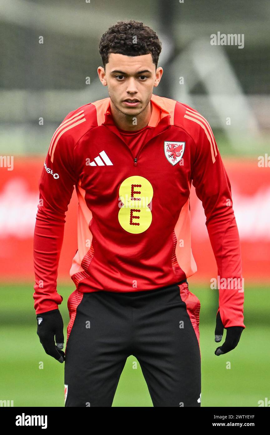 Brennan Johnson aus Wales während der offenen Schulung in Wales im Vale Resort Training Complex, Hensol, Großbritannien, 20. März 2024 (Foto: Craig Thomas/News Images) Stockfoto