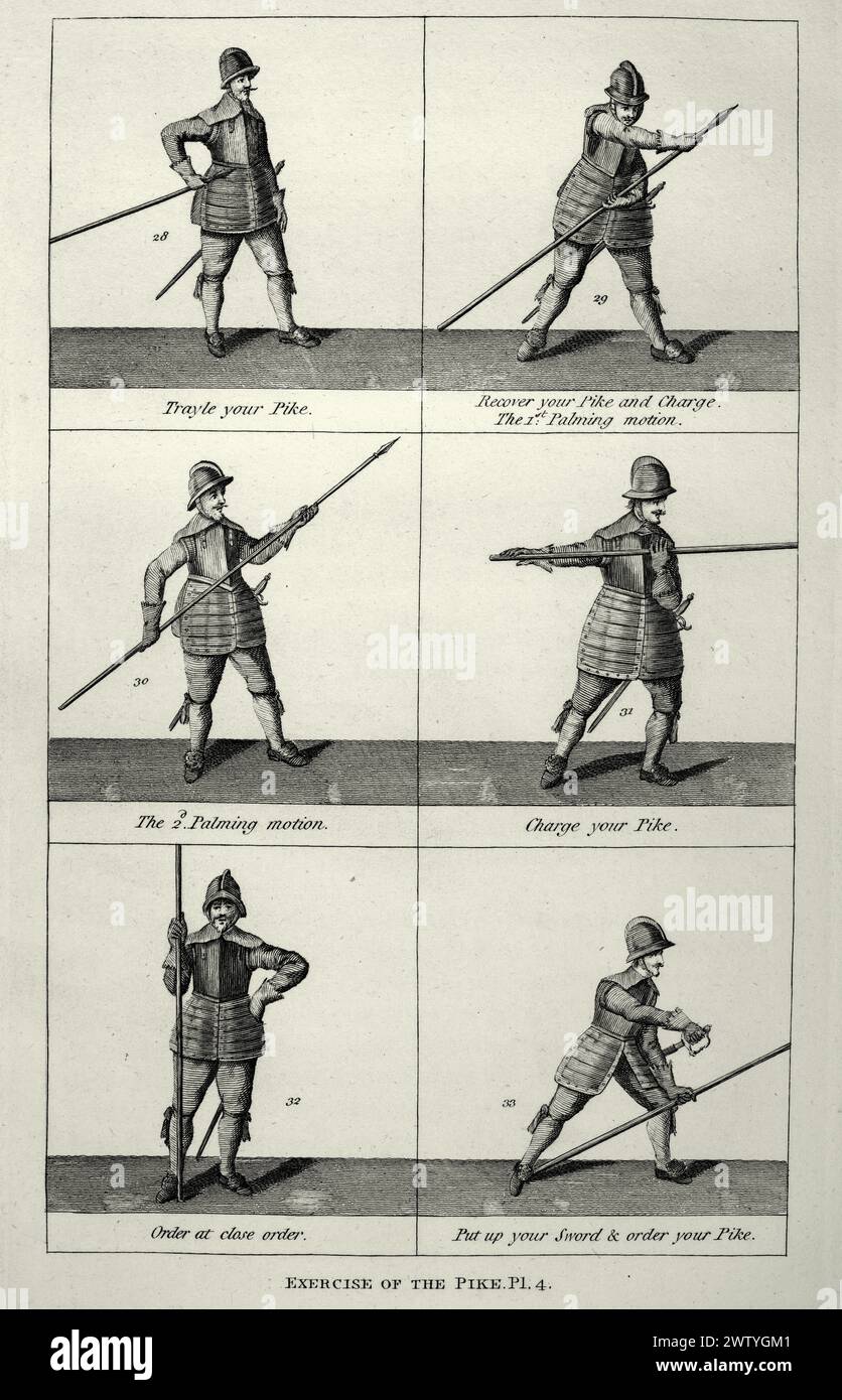 Vintage-Illustration, englischer Soldat, Pikeman, Übung mit dem Hecht, Speer, Infanterie, Militärgeschichte, Waffen des 17. Jahrhunderts Stockfoto