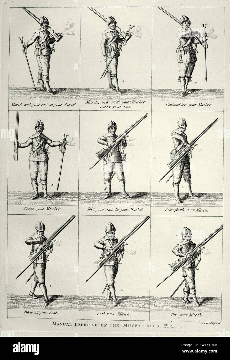 Vintage-Illustration, englischer Soldat, Musketier, Übung mit der Muskete, Infanterie, Militärgeschichte, Waffen aus dem 17. Jahrhundert Stockfoto