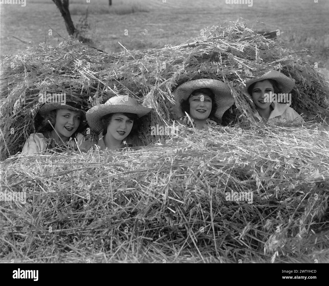 Vier junge Mack Sennett Frauen mit Strohhüten, begraben in einem riesigen Heuhaufen, nur ihre Gesichter und Hüte zeigen. Alle lächeln. Um 1920 Stockfoto
