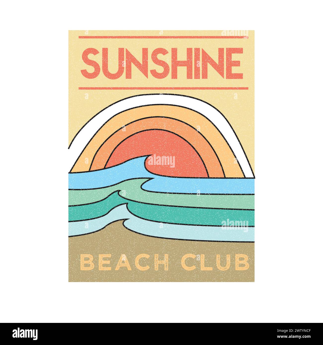 Beach Graphic Sunshine Beach Club Sonnenschein Welle Typografisches Poster Distressed Grafik T-Shirt Print Design Vektor Stock Vektor