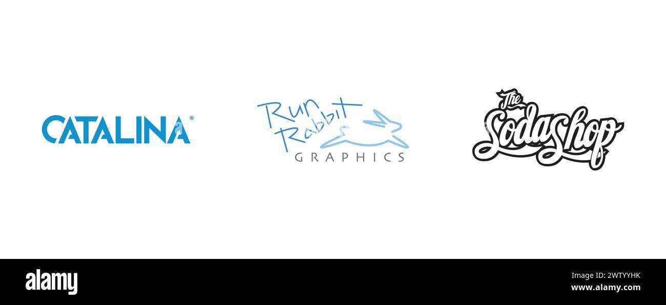 The Soda Shop, Catalina Marketing, Run Rabbit Graphics.Arts und Design redaktionelle Logokollektion. Stock Vektor