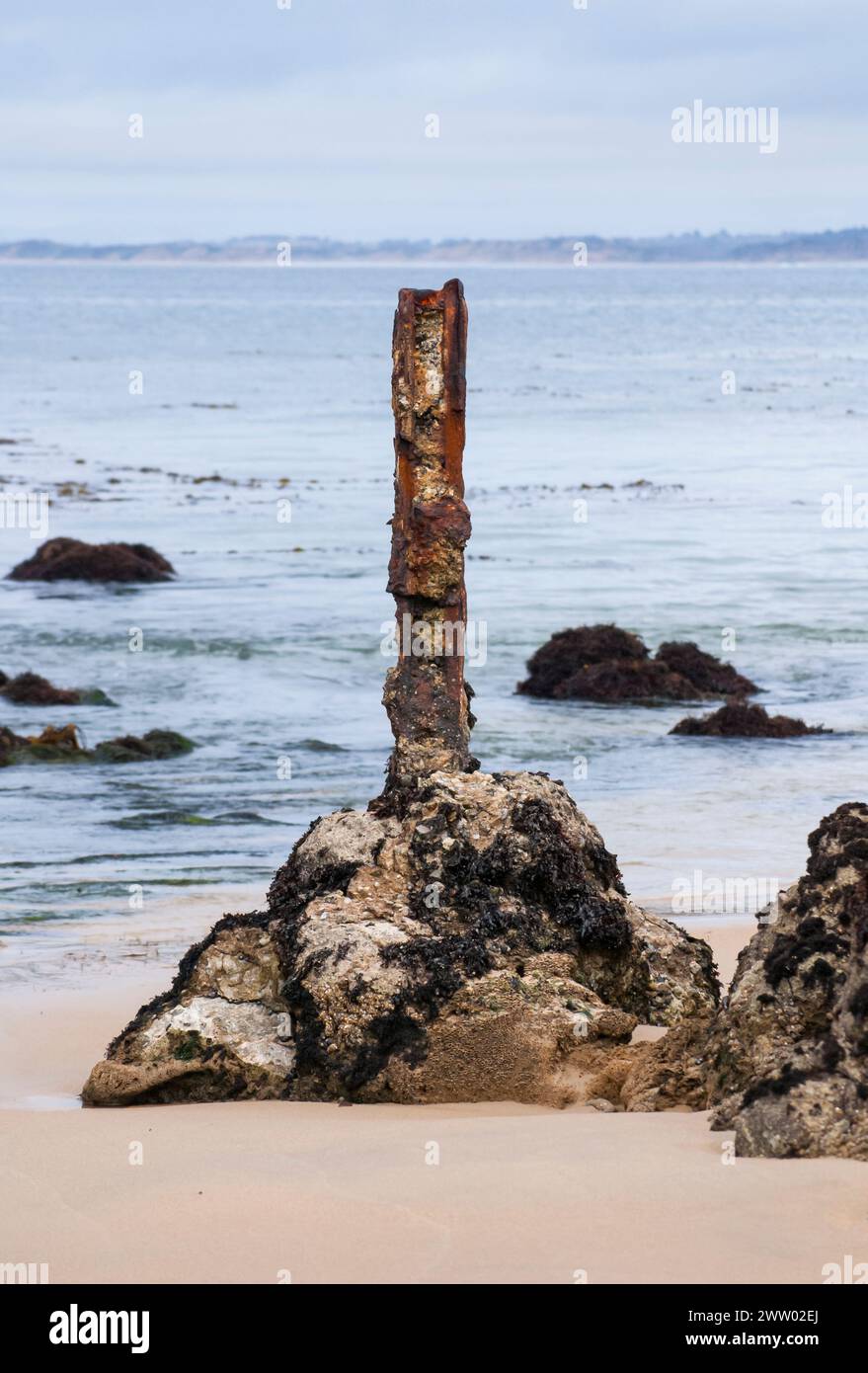 Ein rostiges und korrodiertes Stück einer Konservenanlegestelle steht an einem Strand in Monterey, Kalifornien, entlang der Cannery Row in einer Gruppe von Felsen. Stockfoto