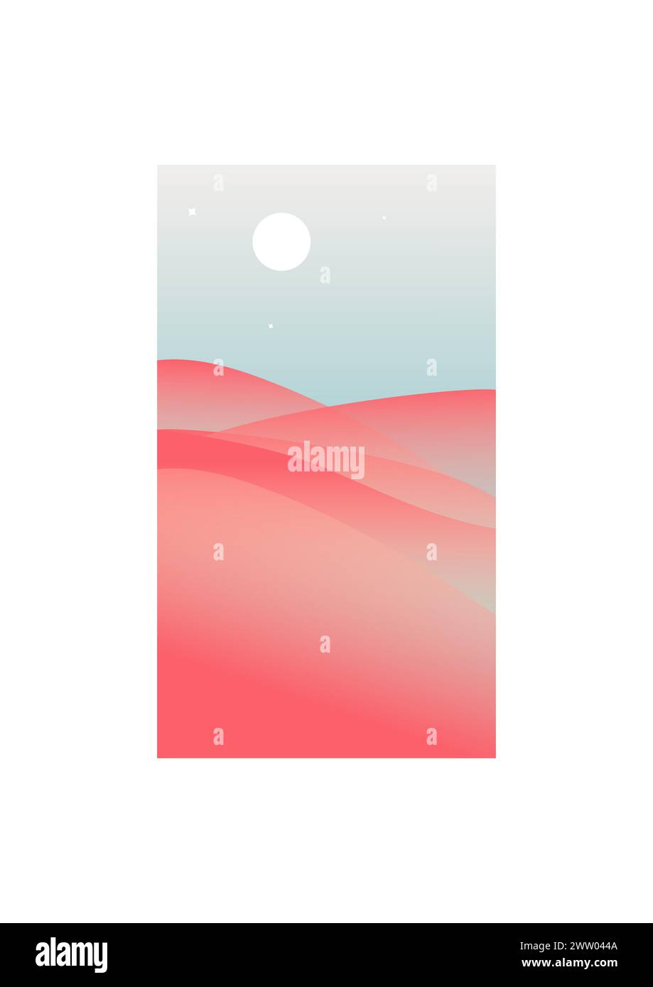 Ästhetischer Wüstenhimmel, rotes Nachtdünen-Poster. Truthahnreisen, Boho-Wanddekor. Farbenfrohe Zeichentrickkunst mit wilder Ostlandschaft. Moderne Minimali-Zimmer aus der Mitte des Jahrhunderts Stock Vektor