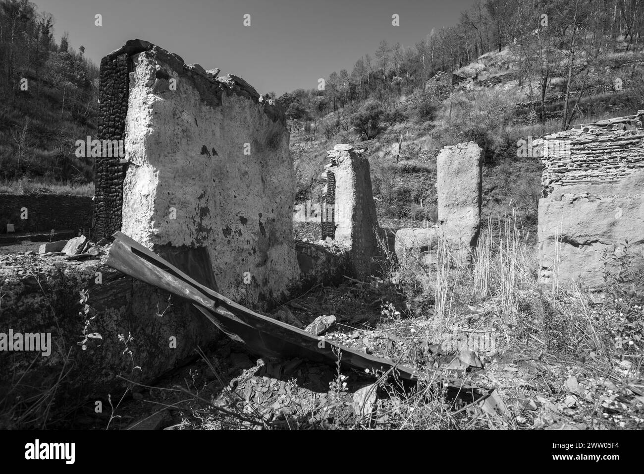 Portugal, Bezirk Coimbra, in der Nähe von Góis, Coicoos, Ruinen des „Ziegenschuppens“ mit Überresten von Steinmauern nach den verheerenden Bränden von 2017 Stockfoto