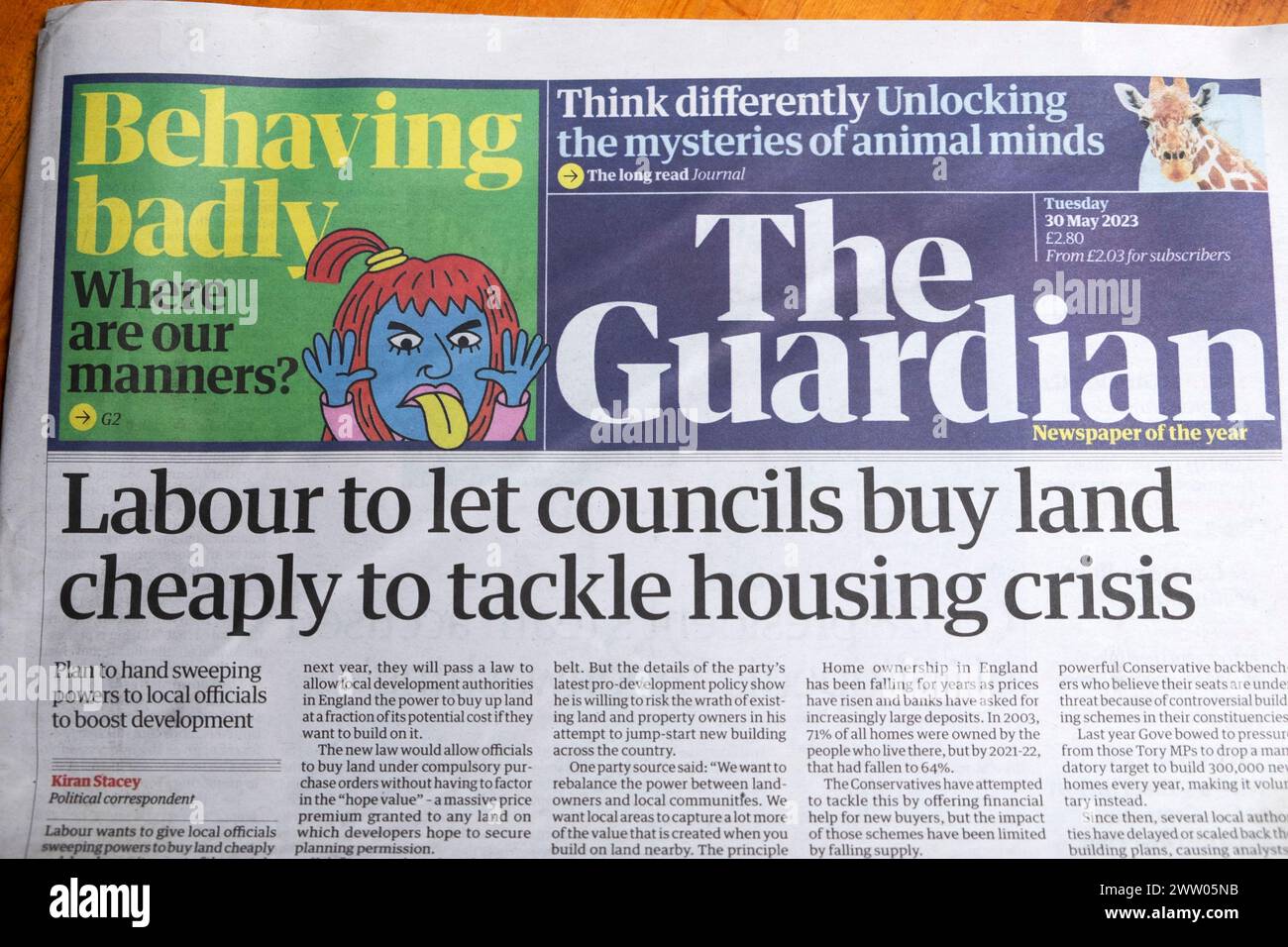 "Labour to let Councils billig Land kaufen zu lassen, um die Wohnungskrise zu bewältigen" Guardian-Zeitung Schlagzeile Titelseite 30 Mai 2023 London England Vereinigtes Königreich Stockfoto