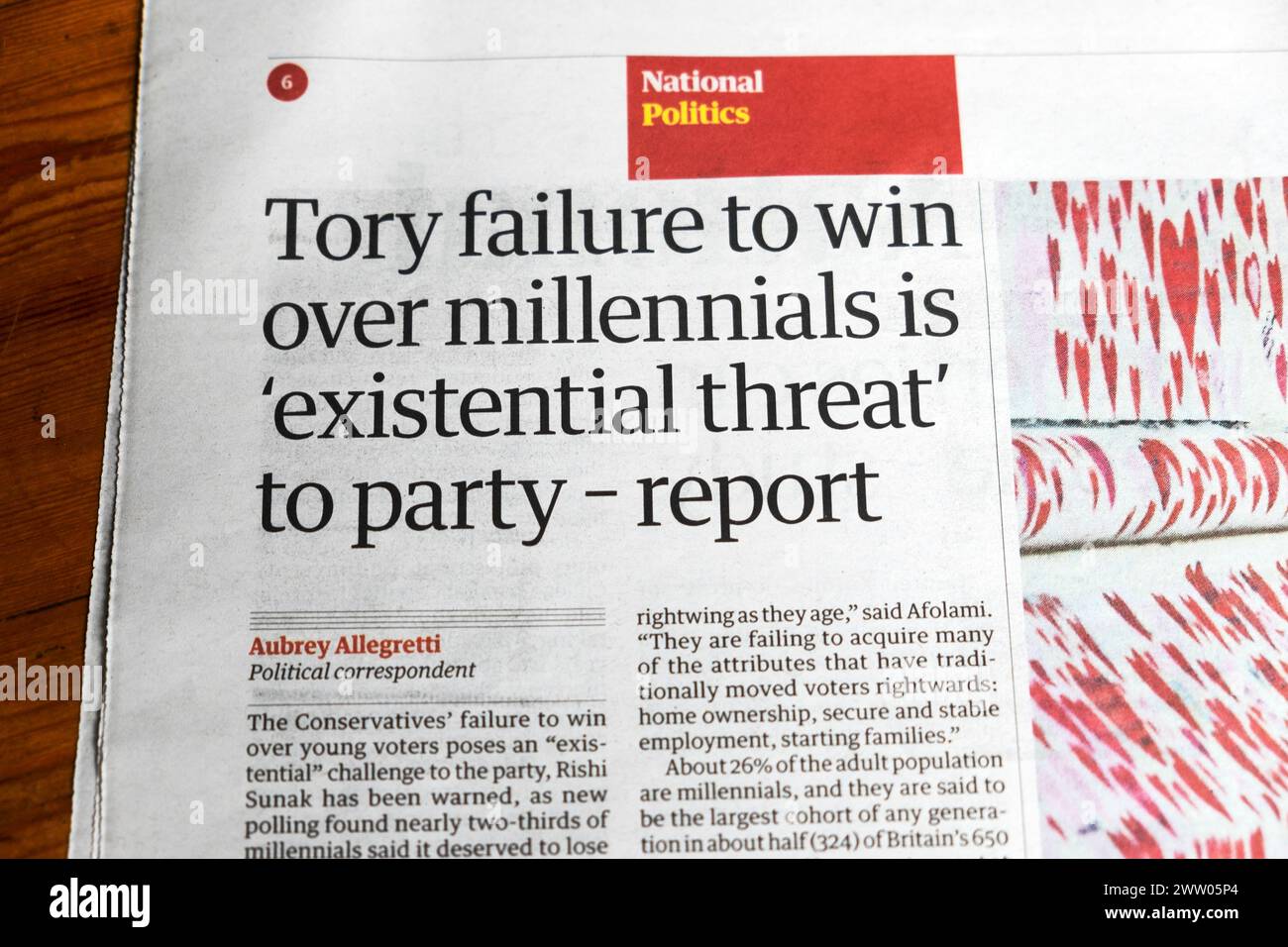 "Das Scheitern der Tory, Millennials zu gewinnen, ist eine "existentielle Bedrohung" für die Partei - Bericht" Guardian-Zeitung übertitelt 2024 wahlartikel 20 Mai 2023 Vereinigtes Königreich Stockfoto