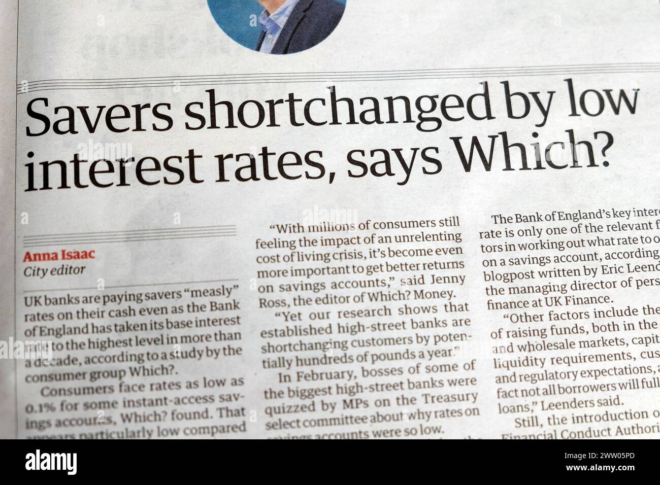 „Sparer, die durch niedrige Zinssätze gekürzt werden, sagt was?“ Zeitschrift Guardian Zeitung Schlagzeile Bank of England artikel 30 Mai 2023 London UK Stockfoto
