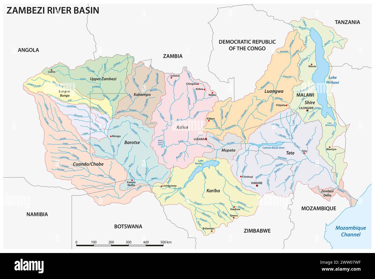 Detaillierte Vektorkarte des Zambezi-Flussbeckens Stockfoto