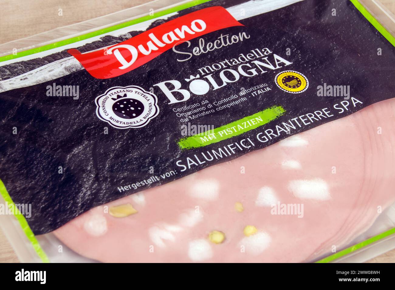 Dulano Selection Mortadella Bologna mit Pistazien Stockfoto