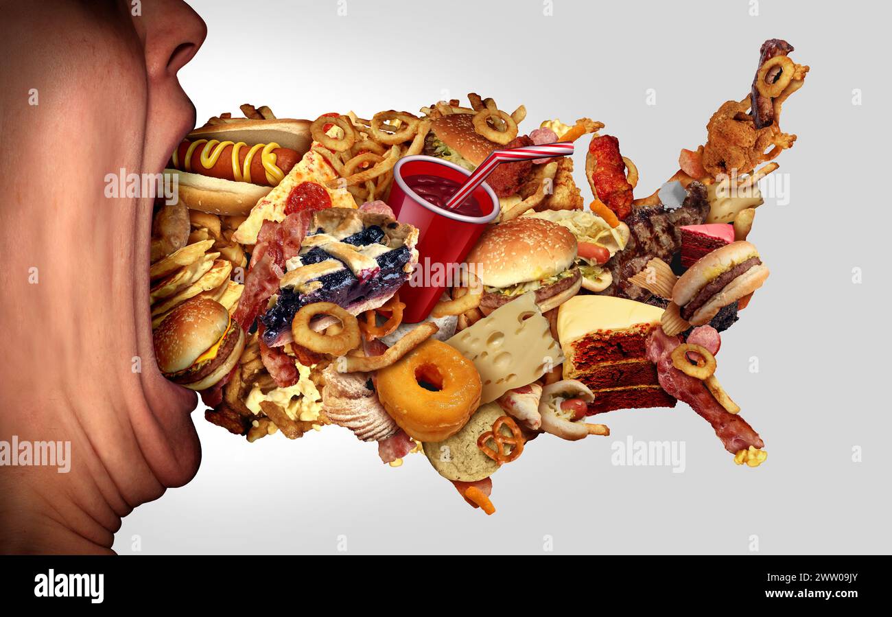 American Junk Food Crisis und US Fast-Food Diät als ungesunde Essgewohnheiten der Vereinigten Staaten, die Fettleibigkeit in Amerika und fettigen hohen Cholesterinspiegel repräsentieren Stockfoto