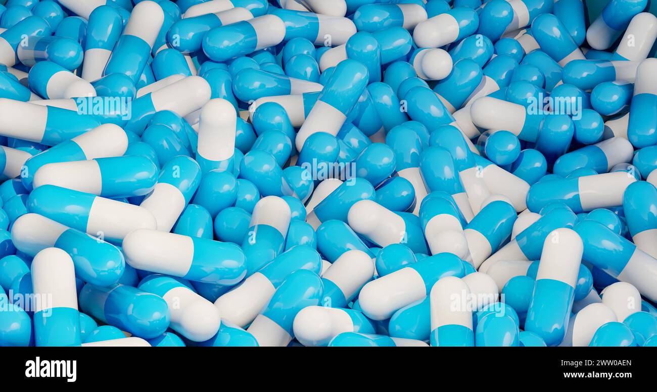 Blaue medizinische Pillen in einer Kiste. Blaue medizinische Pillen, Kapseln in einer Schachtel. Industrielle Herstellung von Medikamenten, Antibiotika oder anderen Medikamenten. Science025s01 medic Stockfoto