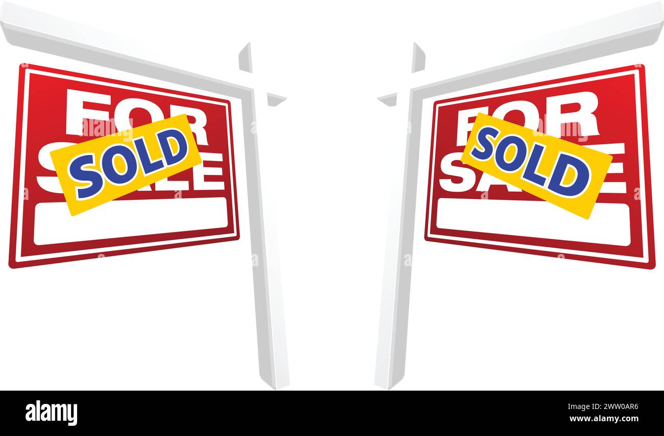 Paar rot für Verkauf Immobilien-Zeichen verkauft in Perspektive. Stock Vektor