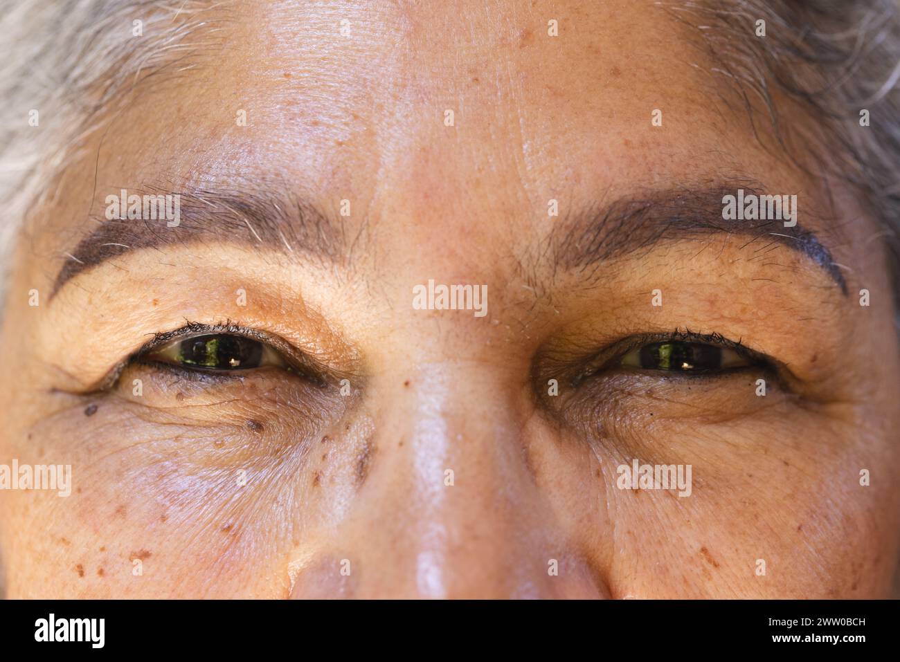 Nahaufnahme der Augen älterer birassischer Frauen mit Falten und Sommersprossen Stockfoto