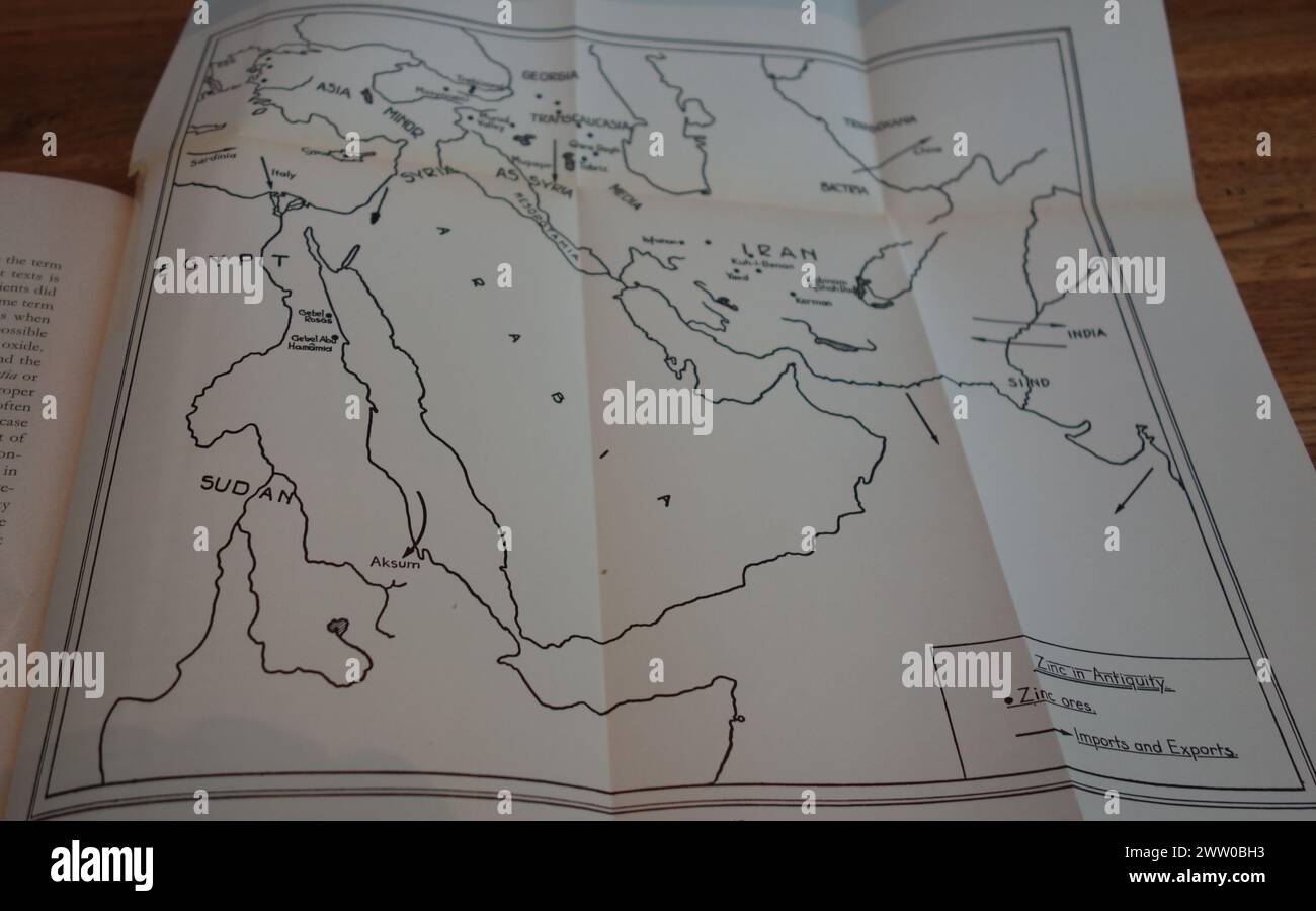 Karten der Zinkwege in der Antike. Antike Import- und Exportrouten des Zinks im antiken Nahen Osten. Stockfoto