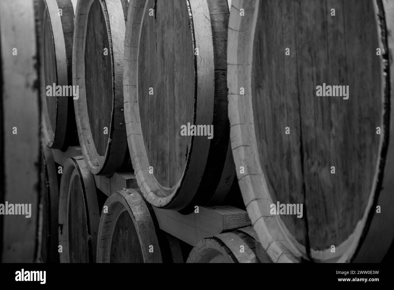 Weinfässer aus Eichenholz gefüllt mit Qualitätswein Stockfoto