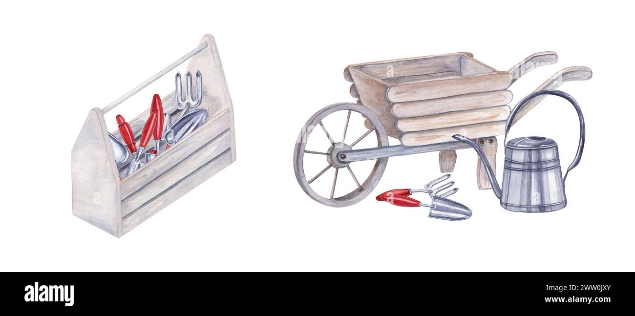Gartenwerkzeuge mit Aquarell. Gießkanne, Schubkarre, Handkelle, Gabel für Blüte und Gartenarbeit. Holzkiste für Werkzeuge. Der Frühling arbeitet im Garten. Stockfoto