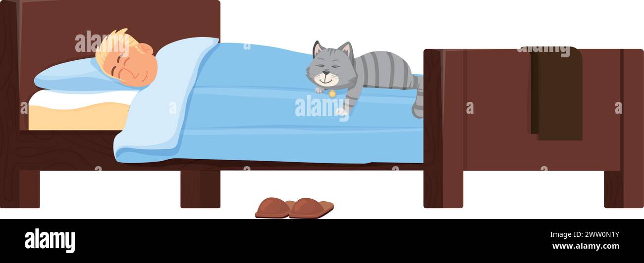 Mann schläft im Bett mit grauer Katze. Gemütliche Entspannung zu Hause Stock Vektor