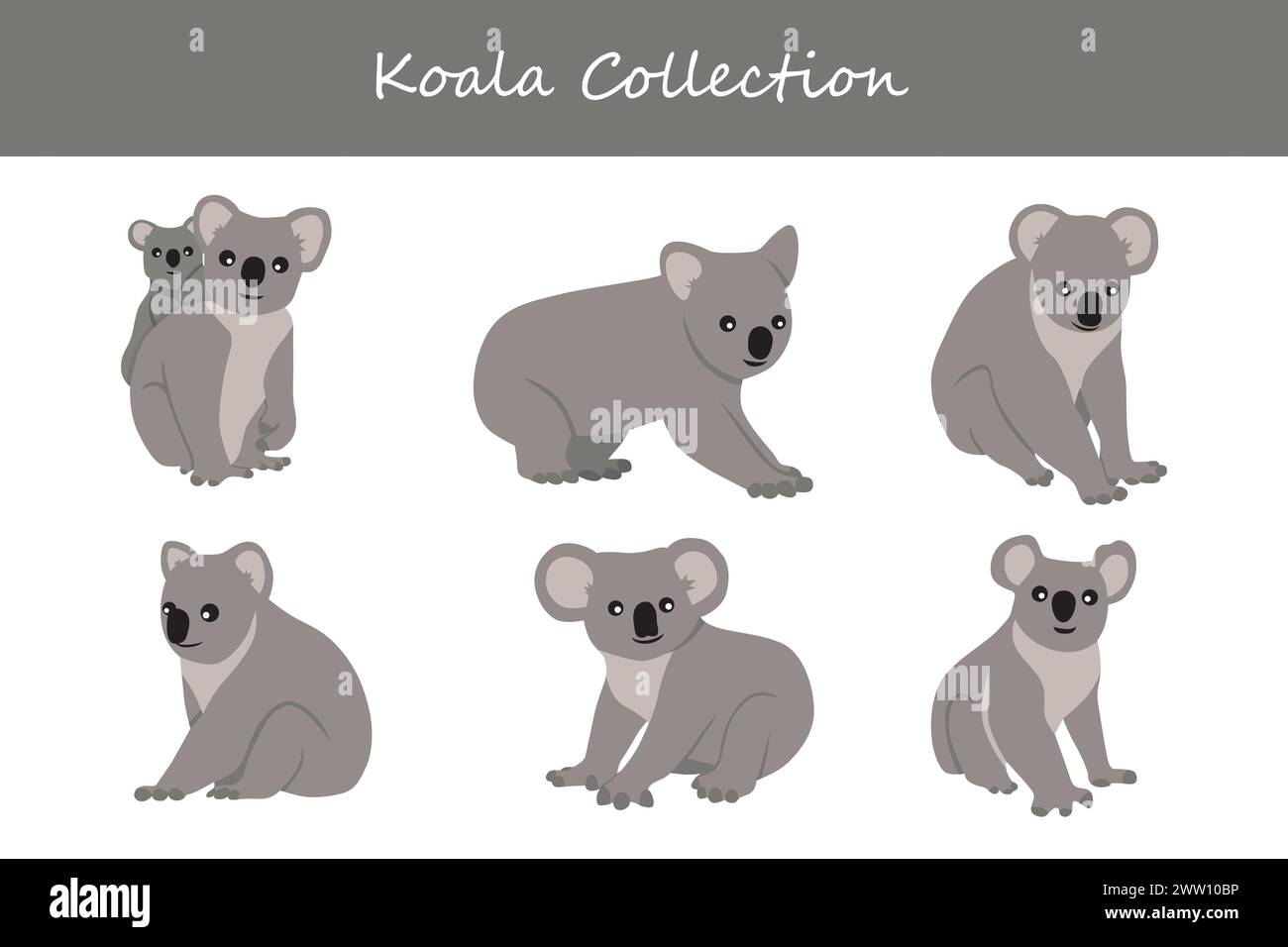 koala Kollektion. Vektorabbildung. Isoliert auf weißem Hintergrund. Stock Vektor
