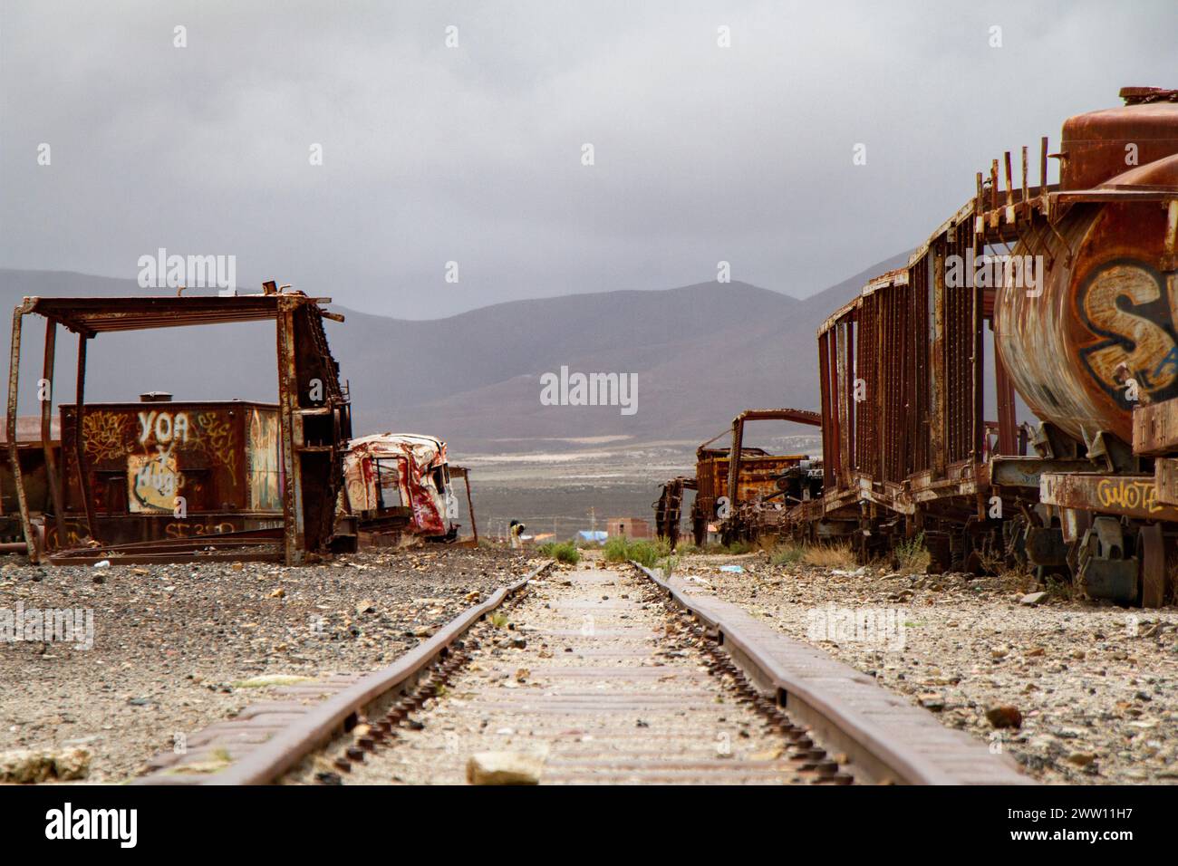 Linea férrea rodeado de trenes abandonados Stockfoto