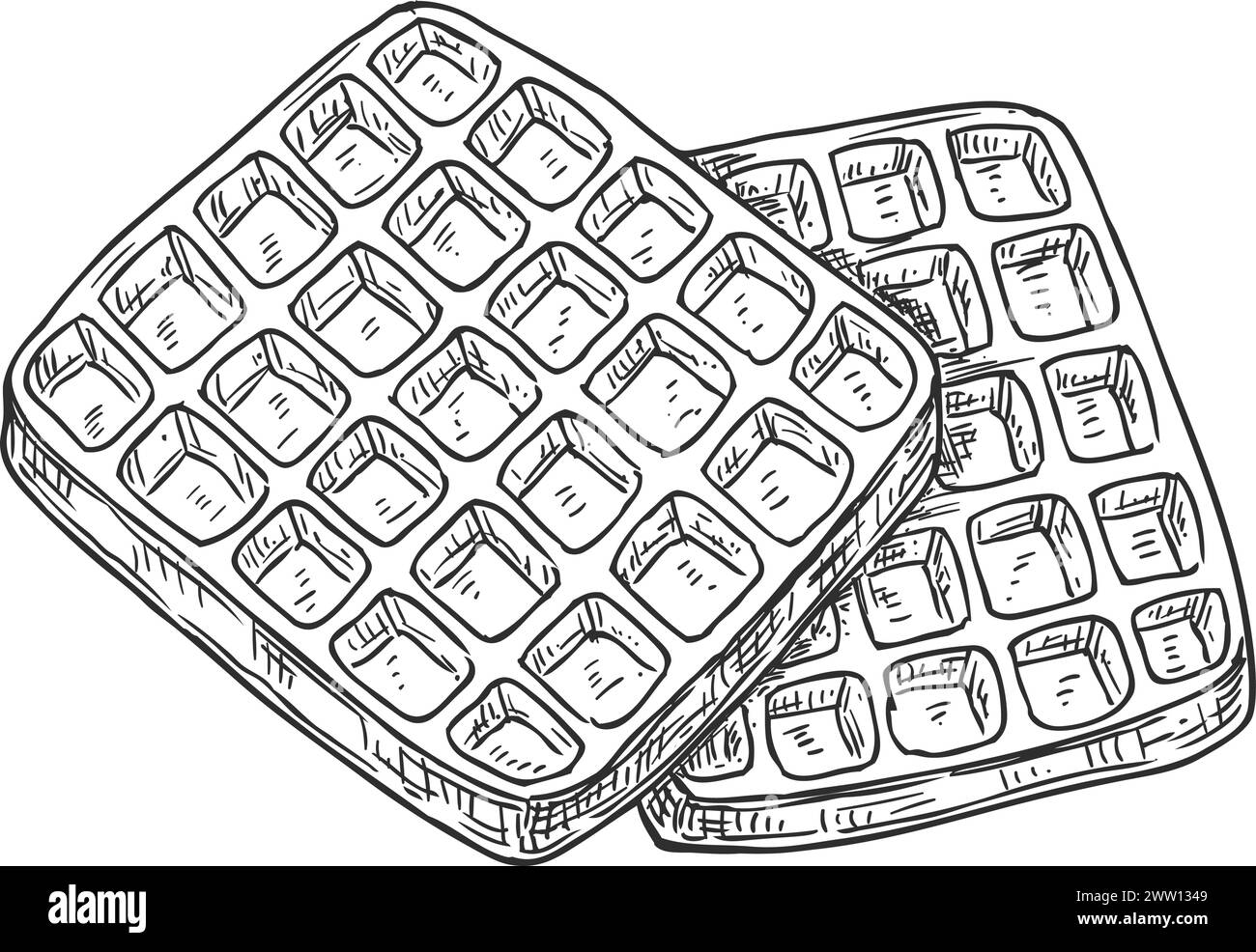 Skizze Waffeln. Handgezeichnetes süßes leckeres Frühstück Stock Vektor