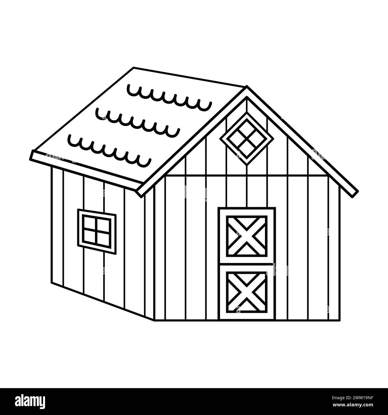 Schwarzes weißes, kleines Holzhaus oder Scheune, Tür ist geschlossen. Vektor Hand gezeichnet isolierte Illustration für Malbuch Stock Vektor