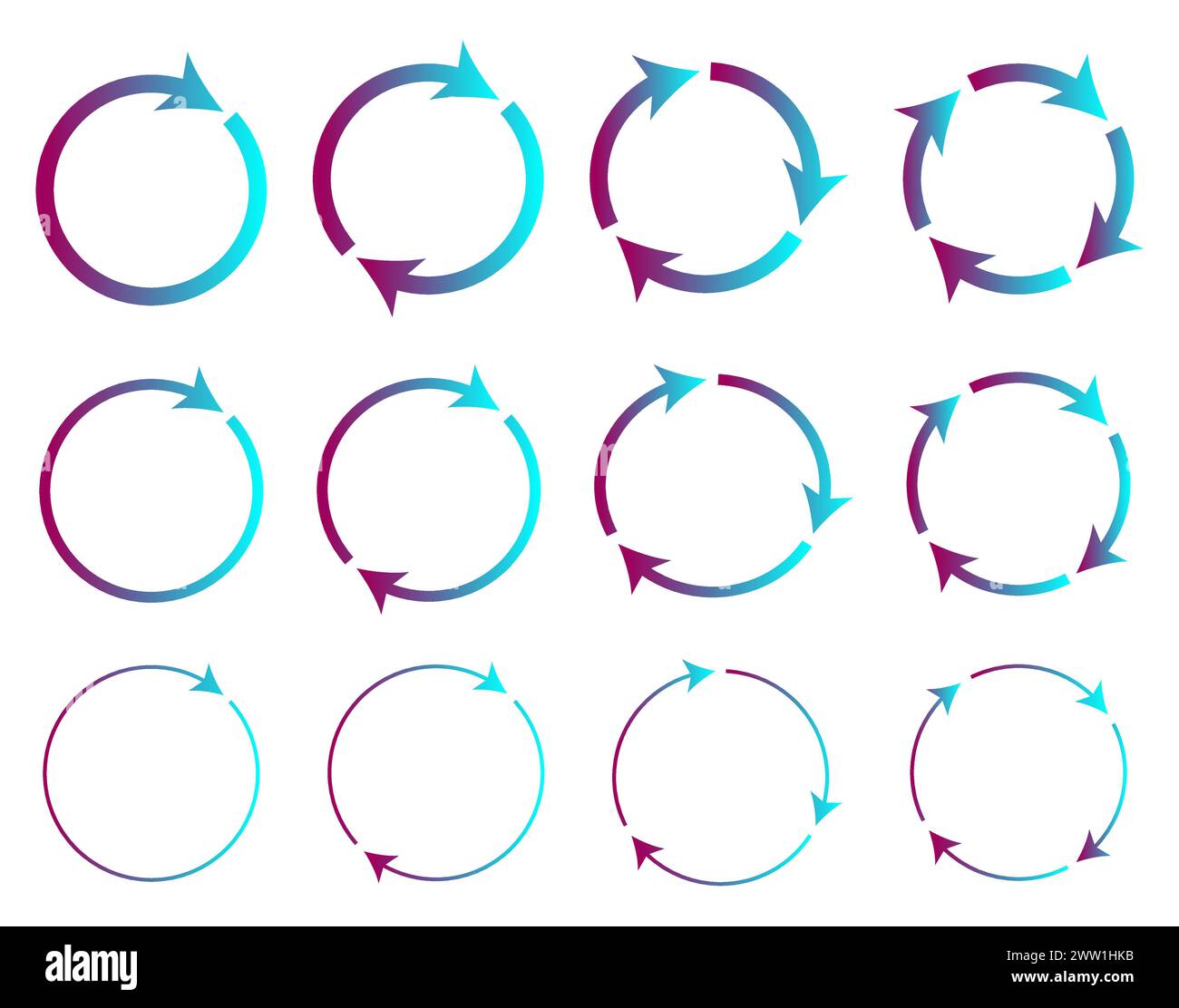 Unterschiedliche kreisförmige und unterschiedliche Dicke kreisförmige Pfeile Zeichensymbole Vektorillustration. Stock Vektor