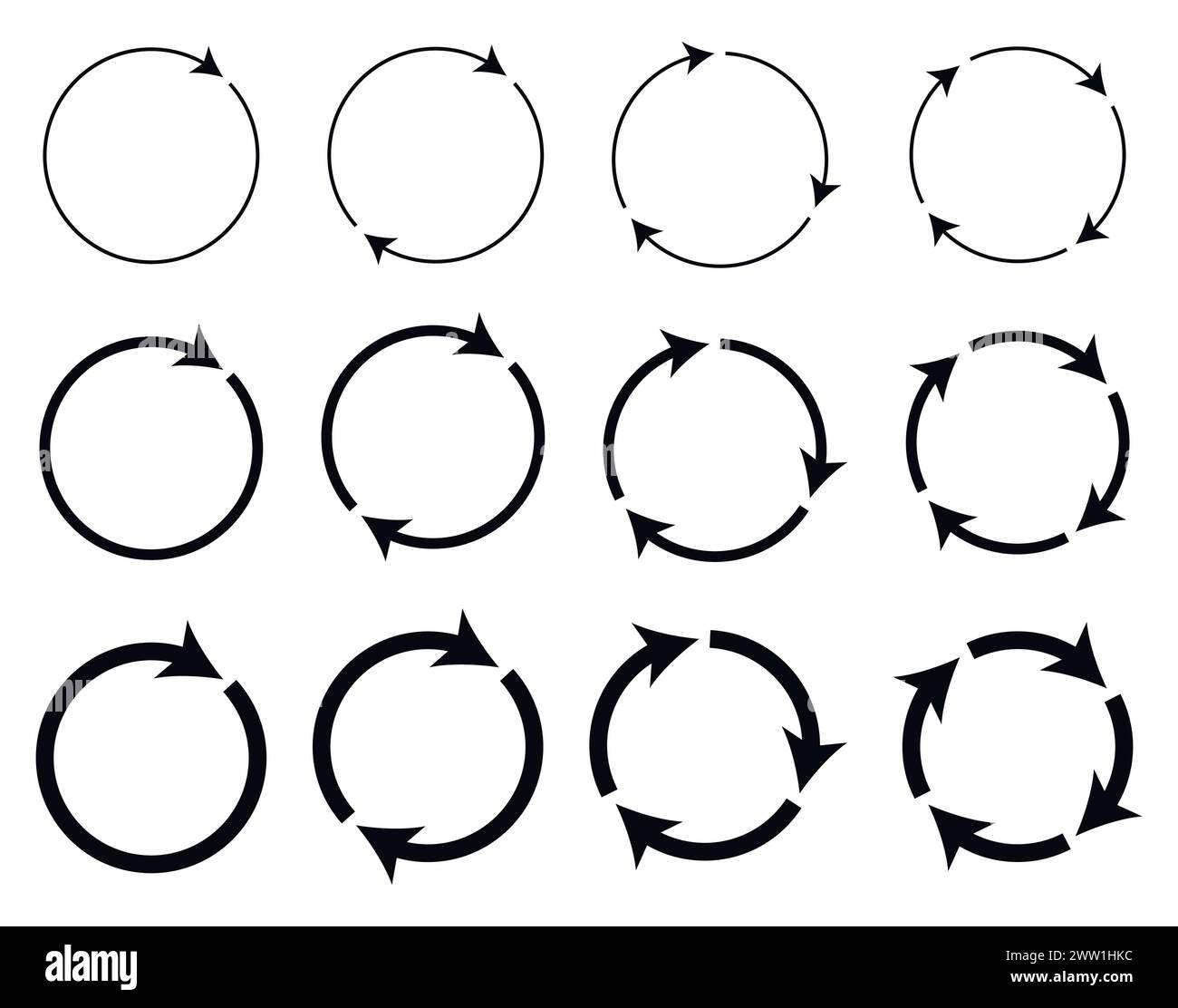Unterschiedliche kreisförmige und unterschiedliche Dicke kreisförmige Pfeile Zeichensymbole Vektorillustration. Stock Vektor