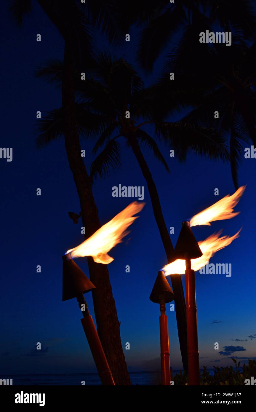 Ein Feuer brennt in Tiki-Fackeln in einer tropischen Szene mit Palmen bei Sonnenuntergang am Waikiki Beach in Hawaii Stockfoto