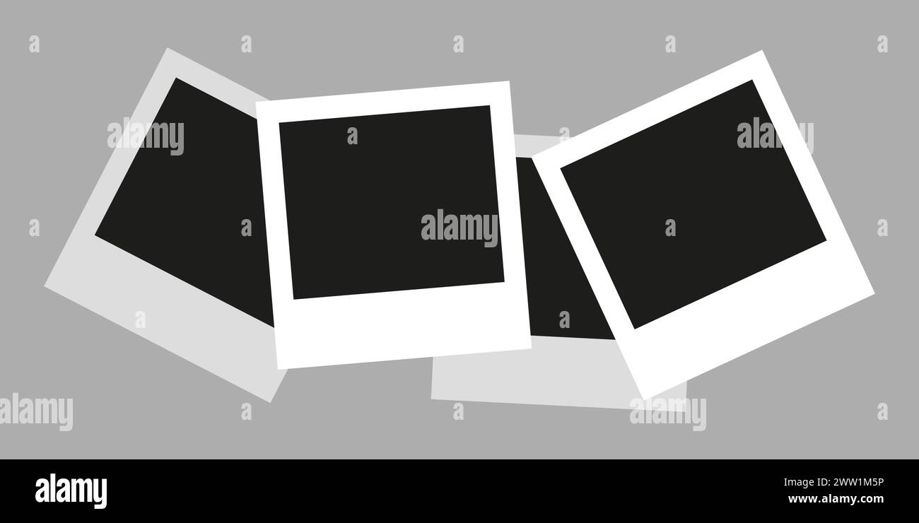 Die Fotokamera rahmt ein Fotomockup-Scrapbook auf eine graue Wand. Schwarze Fotorahmen-Vorlage. Vektorabbildung. Stock Vektor