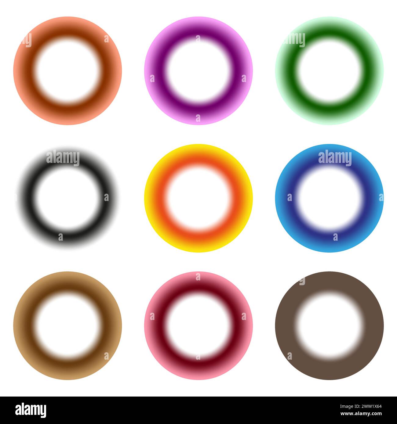 Ein Satz farbenfroher, verschwommener kreisförmiger Formen mit weichem Verlauf. Vektorabbildung. EPS 10. Stock Vektor