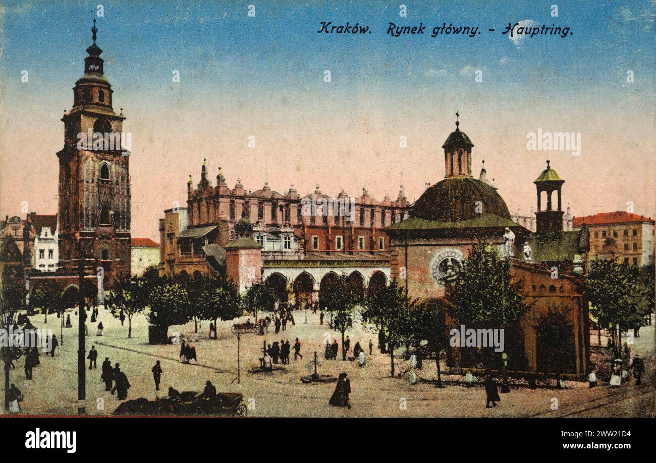 Postkarte in Vintage-Farbe des Hauptplatzes in Krakau, Polen ca. 1908 -1918 Stockfoto